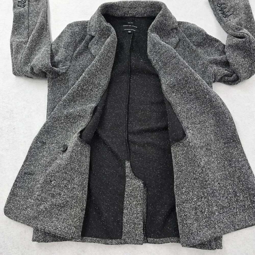 Lucky Brand Woven Knit Double Breasted Blazer Jacket Size M Stretch Gray Black